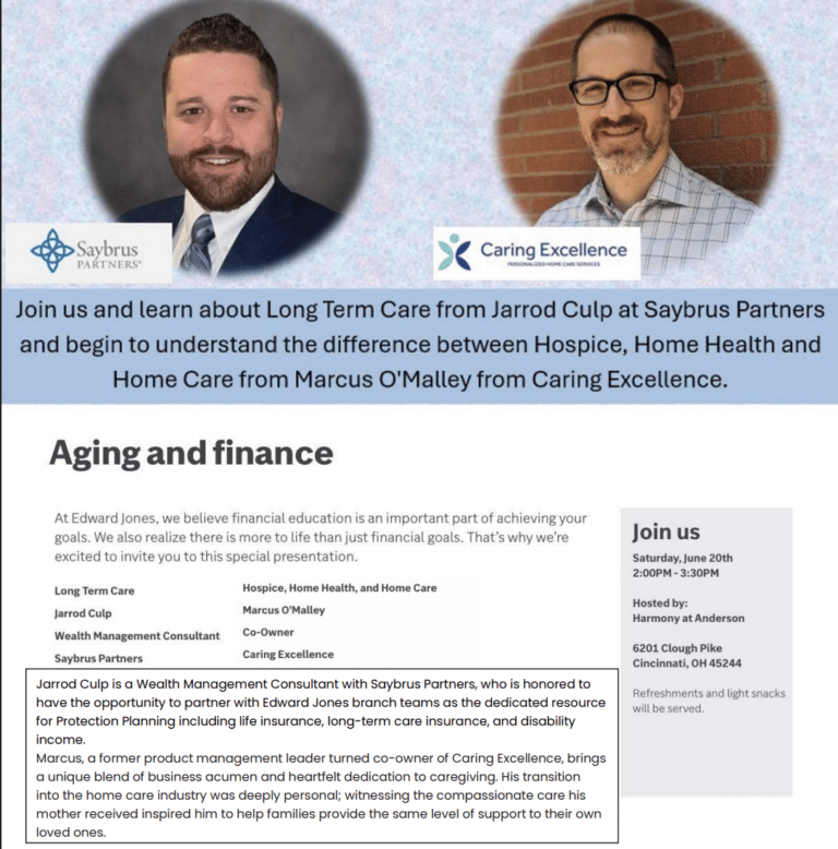 Caring Excellence Home Care- Marcus O’Malley at Edward Jones’ “Aging and Finance” Event